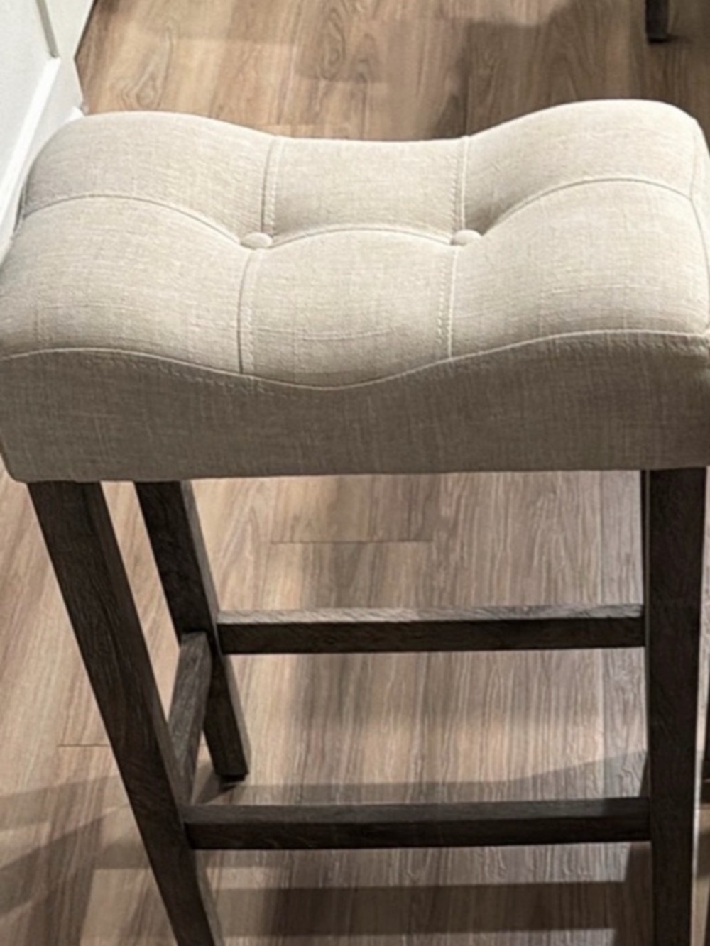 Beige Tufted Counter Stool with Dark Wood Legs